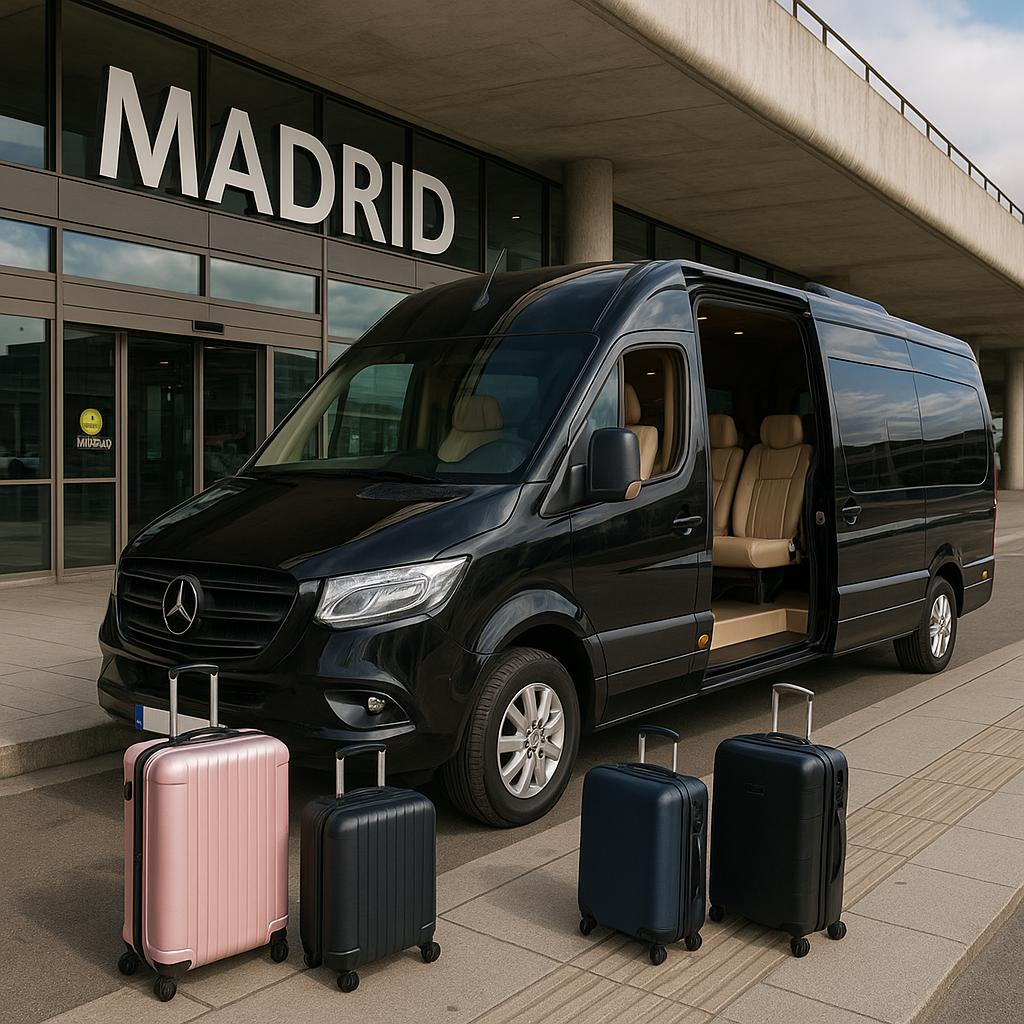 A luxury minibus parked outside Madrid airport showing easy boarding with suitcases. Alt: Comfortable Madrid airport to hotel bus transfer vehicle waiting at airport terminal.