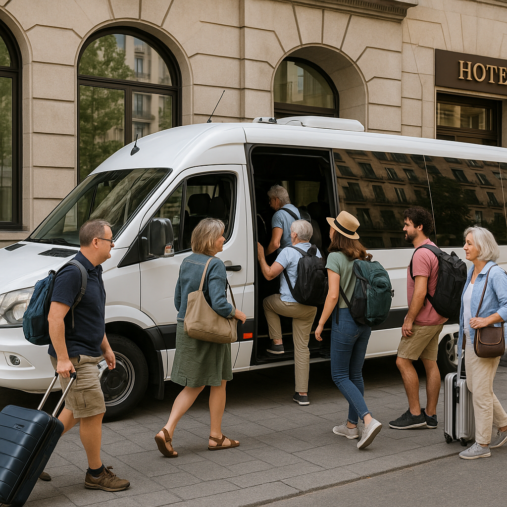 Group of tourists boarding a comfortable minibus for a day excursion from Madrid hotel. Alt: Efficient Madrid airport to hotel bus transfer and onward trip vehicle for group travel.