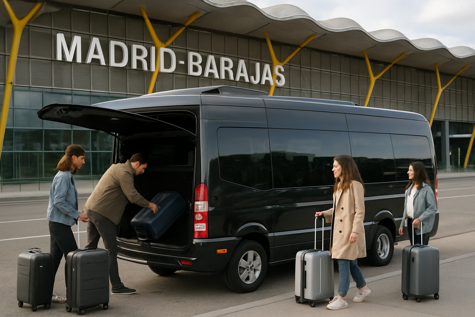 A sleek private minibus parked outside Madrid-Barajas Airport with passengers loading luggage. Alt: Private minibus hire Madrid airport transfer with ample luggage space and seating.