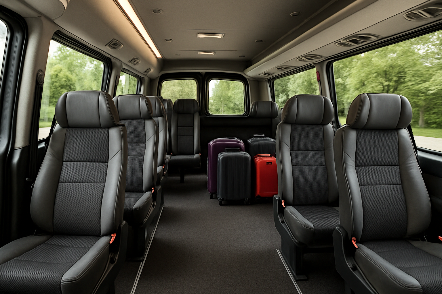 Interior view of a modern minibus with comfortable seating and space for luggage. Alt: Spacious interior of private minibus hire Madrid airport transfer.