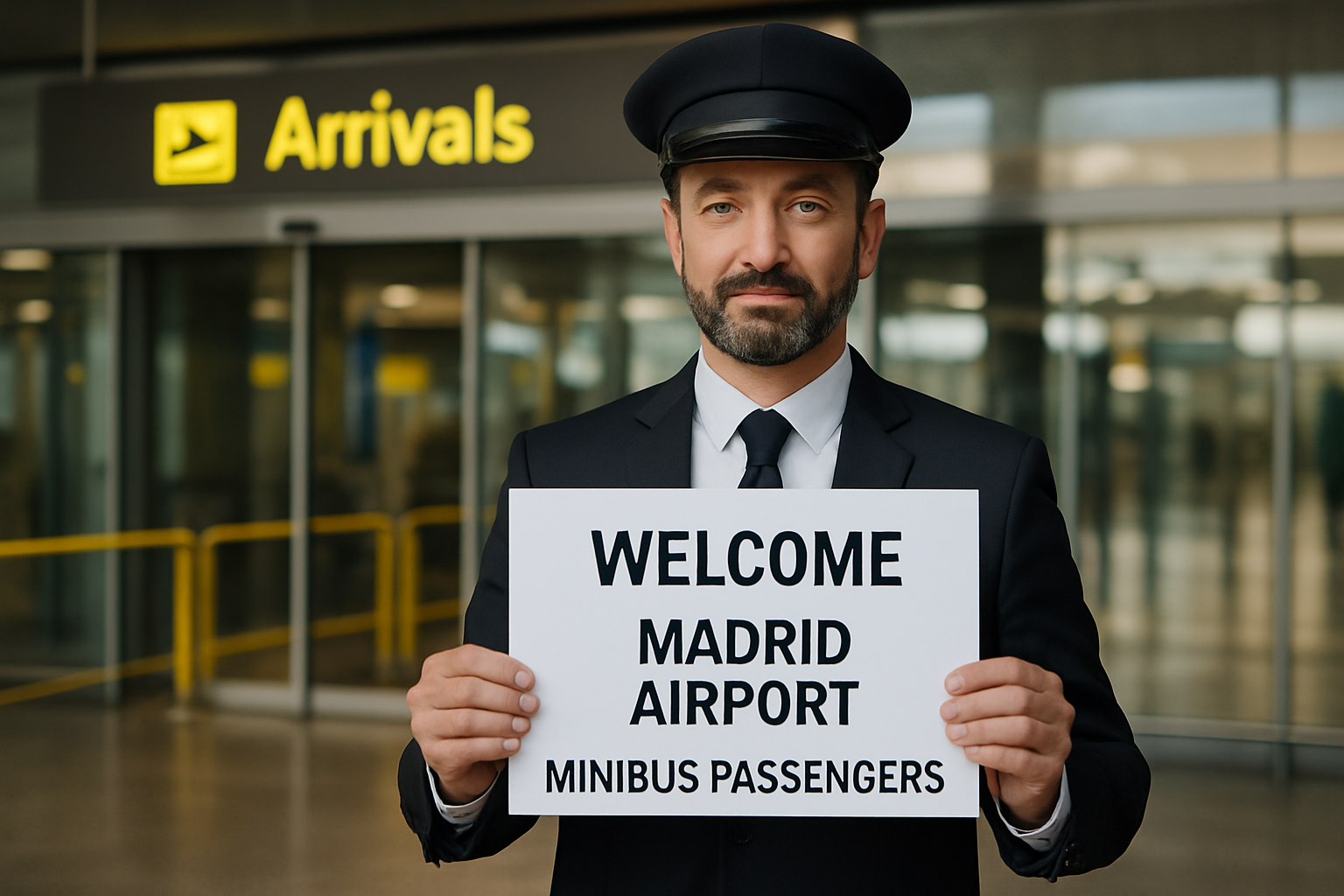 Chauffeur holding a welcome sign at Madrid Airport for minibus passengers. Alt: Professional chauffeur service for private minibus hire Madrid airport transfer.
