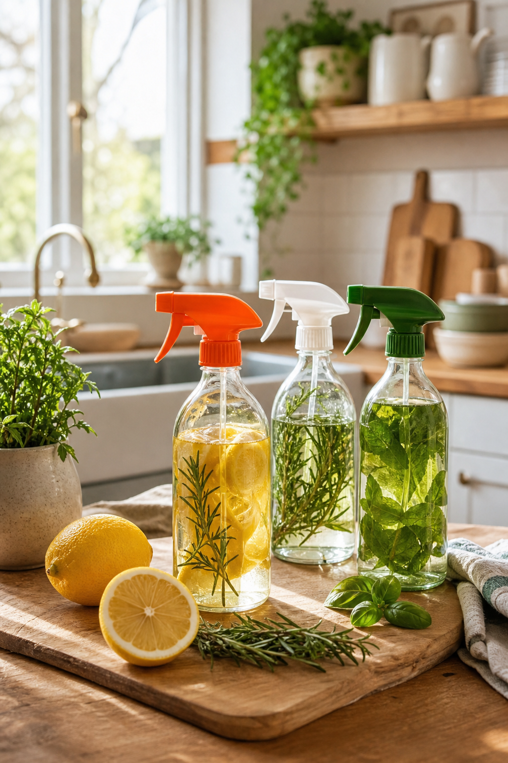 A photorealistic scene of a bright, clean kitchen with natural light, featuring natural cleaning spray bottles on a wooden counter, surrounded by fresh lemon and herbs. Alt: Doğal temizlik ürünleri, kimyasalsız temizlik