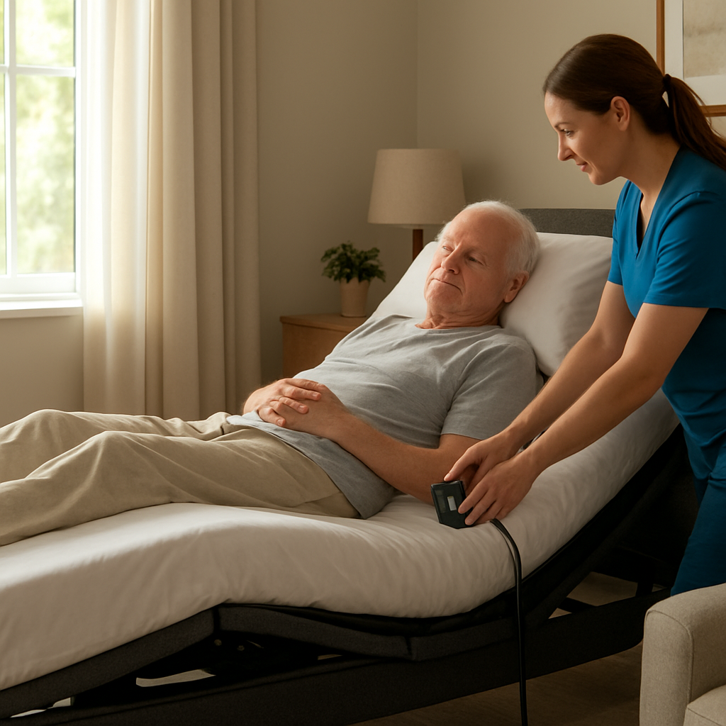 A photorealistic scene of a modern bedroom in an Australian home showing an electric adjustable bed with a caregiver adjusting the headrest for an elderly person, soft natural light filtering through a window, highlighting comfort and therapeutic features. Alt: electric adjustable bed australia comfortable therapeutic bedroom.