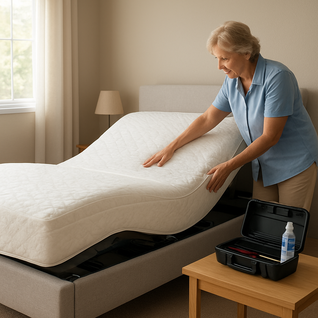 A photorealistic scene of a modern Australian bedroom with a Sleep Sophie electric adjustable bed, a caregiver gently adjusting the head section, soft natural light streaming through a window, and a small toolbox on a bedside table showing a screwdriver and silicone lubricant. Alt: electric adjustable bed australia maintenance tip.