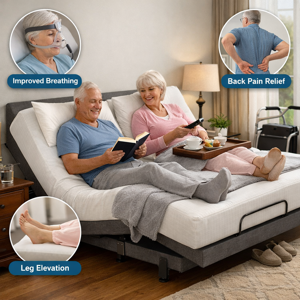 A photorealistic image related to electric-adjustable-bed-benefits-for-seniors. Alt: electric-adjustable-bed-benefits-for-seniors