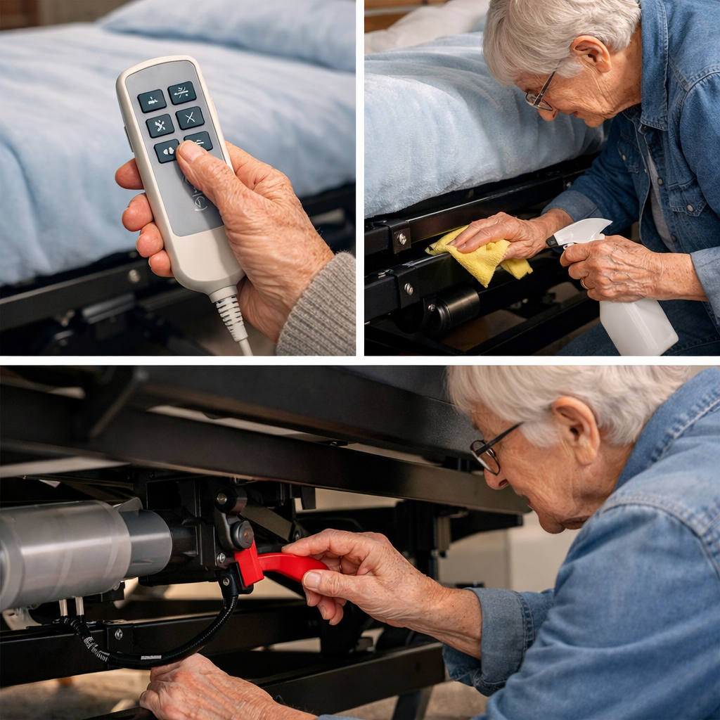 A realistic illustration of an elderly person performing a weekly maintenance check on an electric adjustable bed, showing hand holding a remote, cleaning the frame, and testing the manual release lever. Alt: elderly person checking adjustable bed safety and cleanliness.