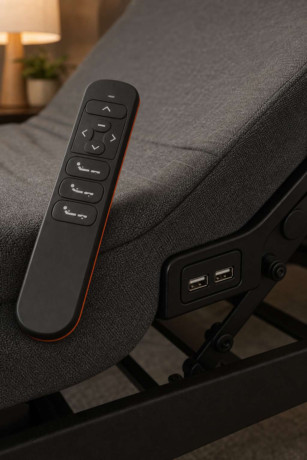 A realistic close-up of an adjustable bed's remote control and motor mechanism on a clean background, with a bed frame in the background. Alt: Close-up of a wireless remote and the motor mechanism of an electric adjustable bed.