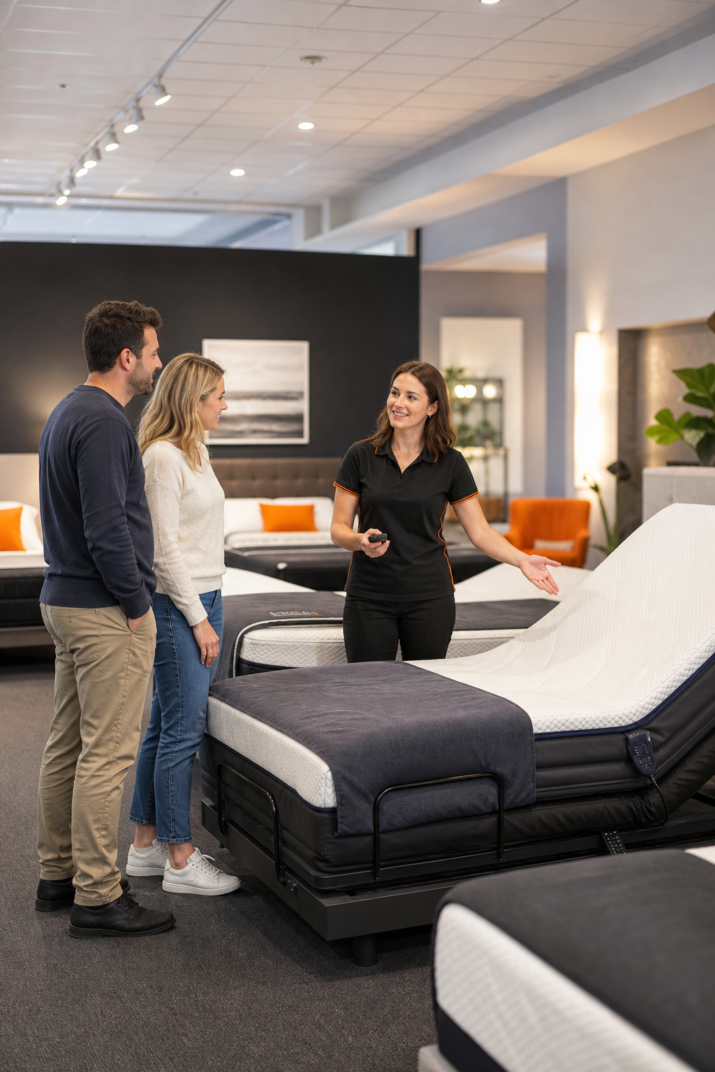 A photorealistic image of an Australian showroom displaying various adjustable beds, with a friendly salesperson explaining features to a couple. Alt: Australian adjustable bed showroom with customers and salesperson