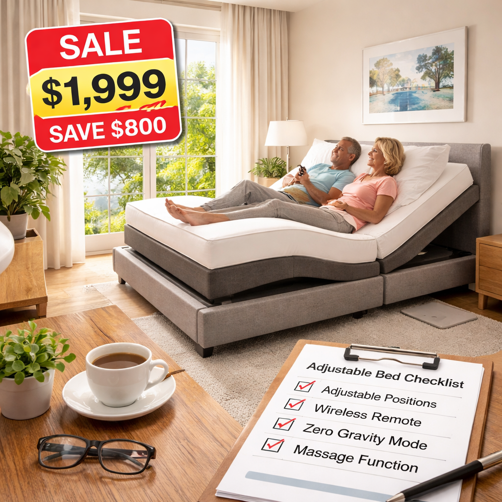 A photorealistic scene of an Australian bedroom with an electric adjustable bed, a price tag showing a discount, and a checklist on a nearby table. Alt: electric adjustable bed discount australia visual guide
