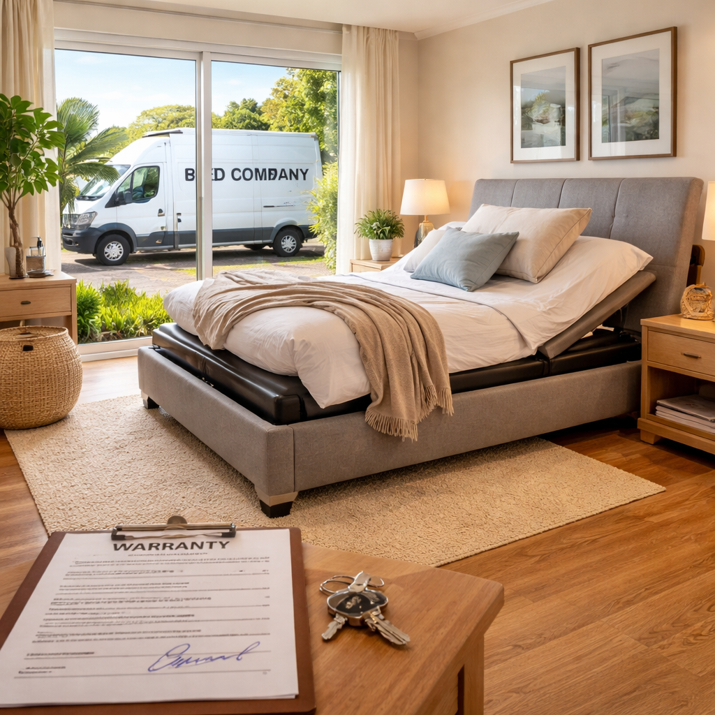 A photorealistic scene of an Australian bedroom with an electric adjustable bed, a delivery van outside, and a clipboard showing a signed warranty document. Alt: electric adjustable bed discount australia final purchase warranty delivery
