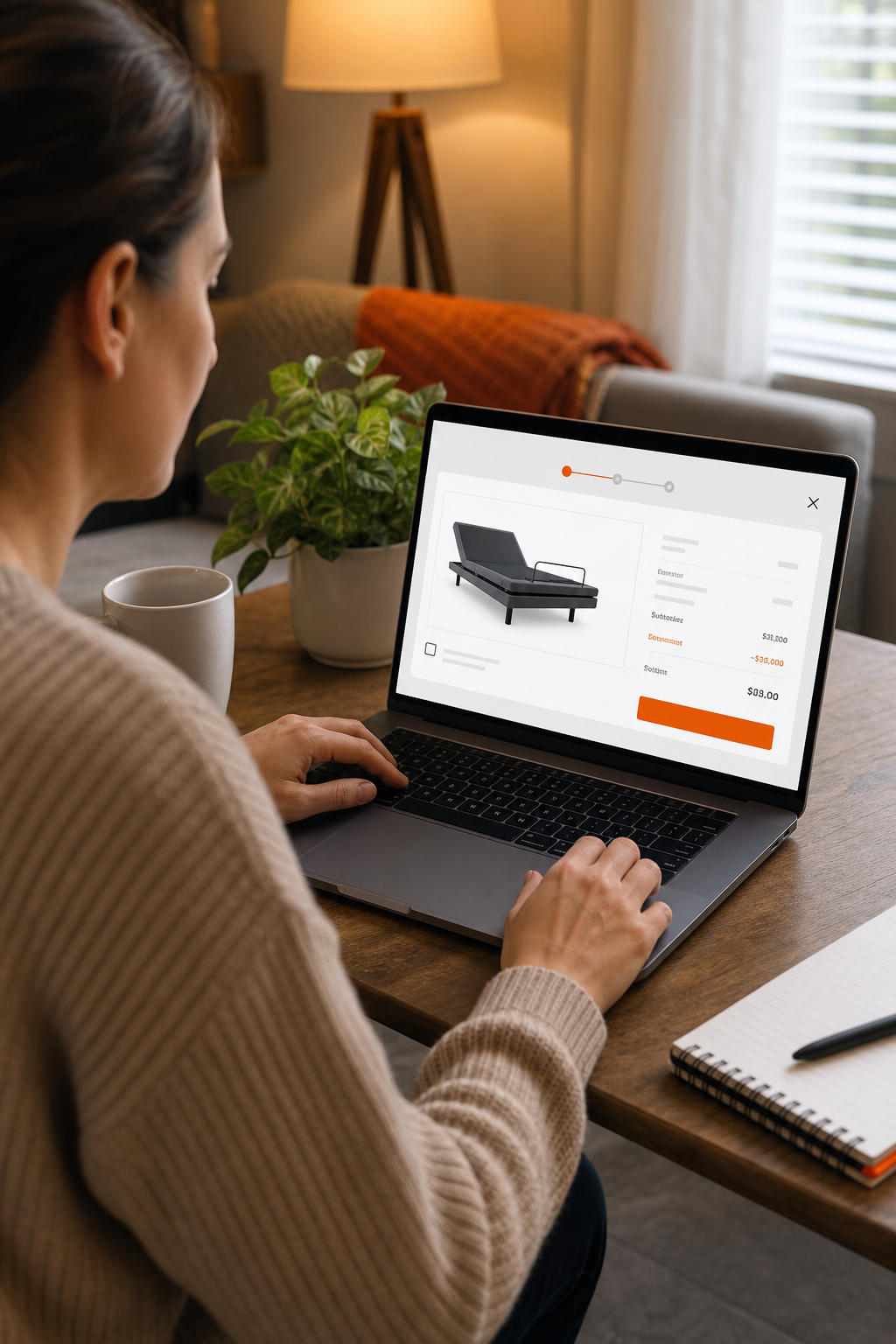 A realistic scene of a person sitting at a home desk browsing a laptop screen showing a shopping cart with a price discount applied, warm interior lighting, natural home environment. Alt: finding electric adjustable bed discount codes online at home.
