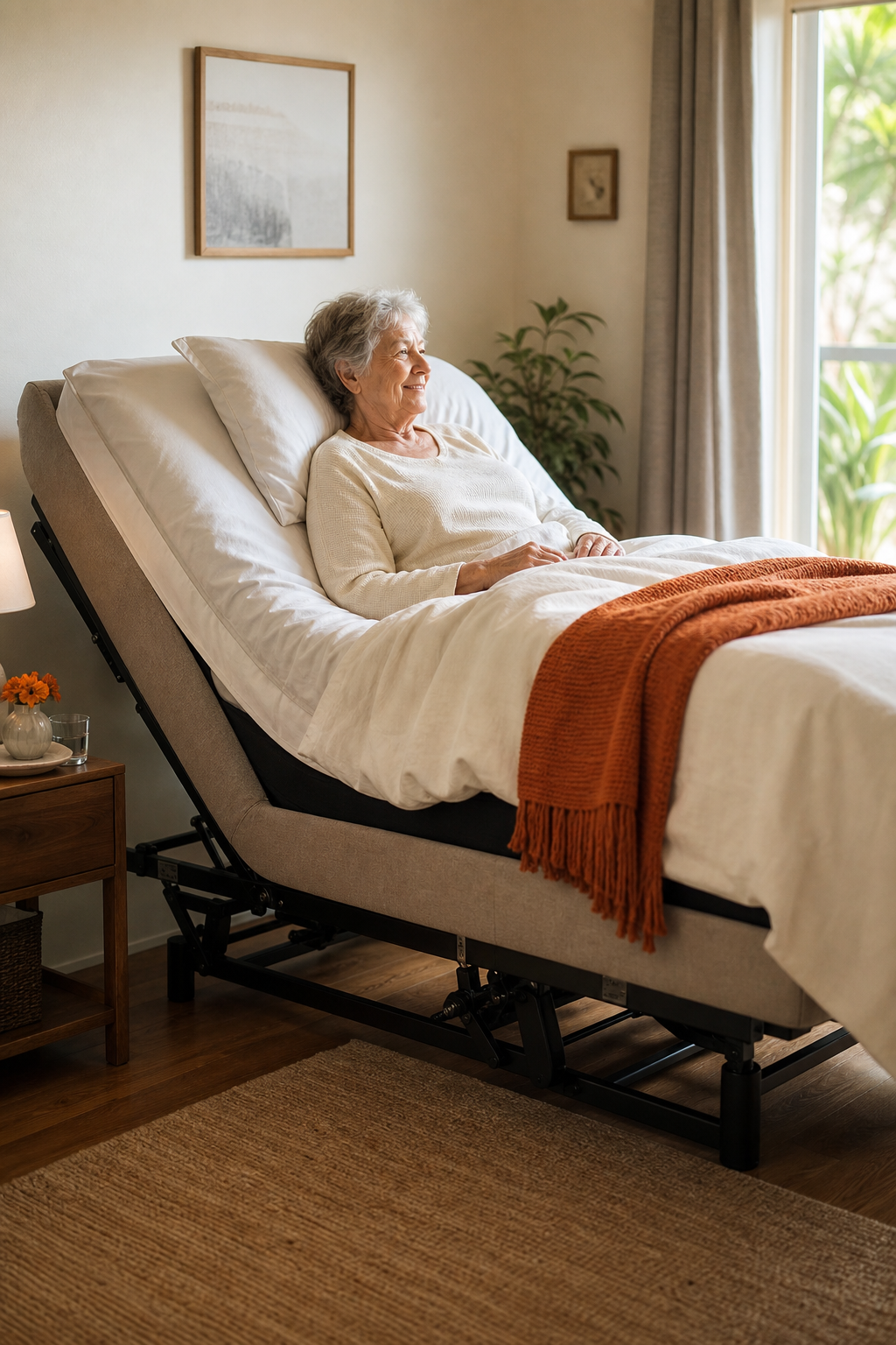 A warm, realistic scene of an elderly person comfortably resting in an electric adjustable bed in a home bedroom setting, soft natural light, supportive bed frame visible, caregiving context implied without medical equipment. Alt: NDIS-funded electric adjustable bed for elderly person at home Australia.