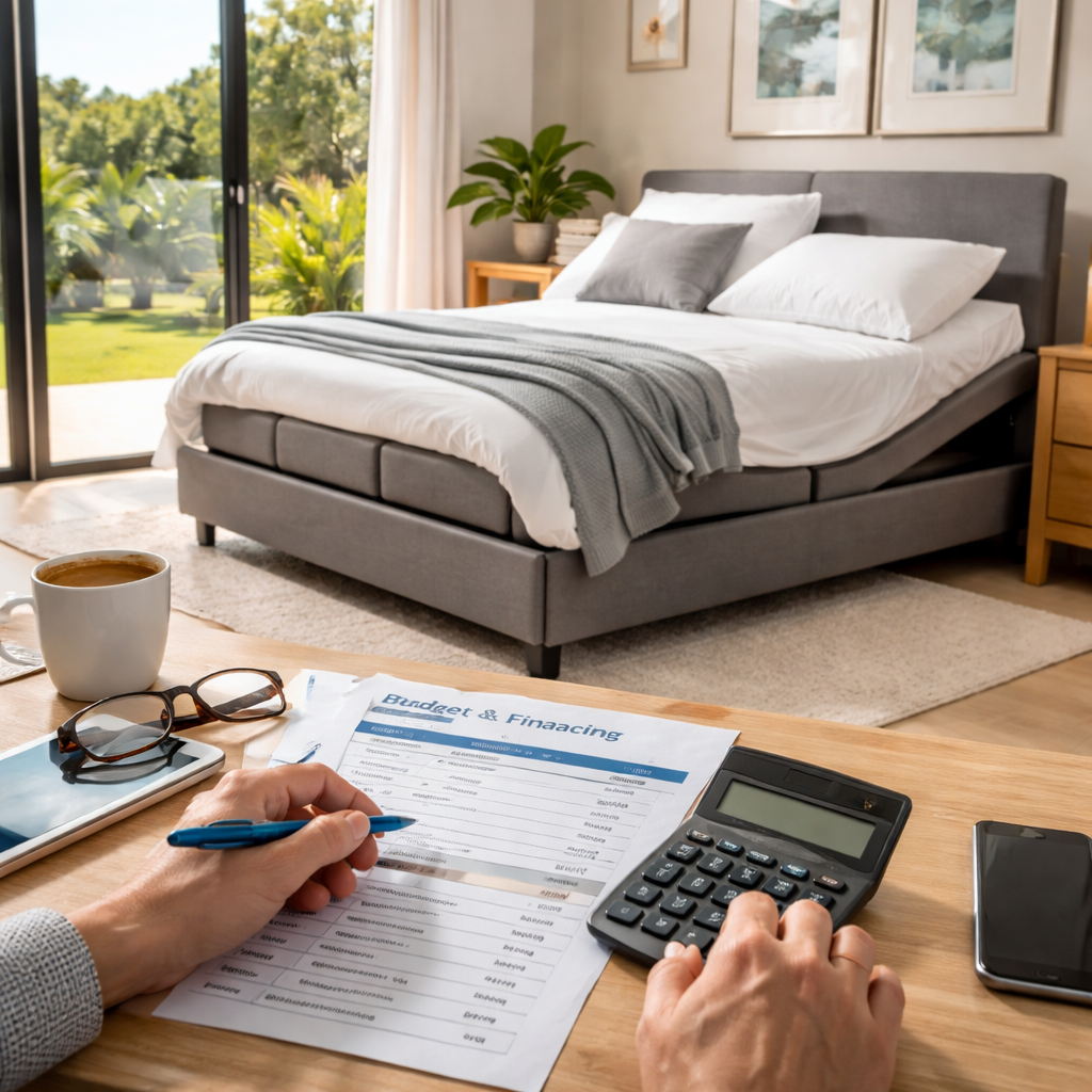 A photorealistic scene of an Australian bedroom with an electric adjustable bed, a calculator, and a budget sheet on a table, showing a person reviewing financing options. Alt: electric adjustable bed financing australia