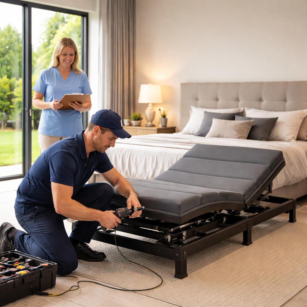 A photorealistic scene of a modern Australian bedroom with an electric adjustable bed being assembled by a friendly technician, a power socket nearby, and a caregiver watching, realistic lighting, realism style.
