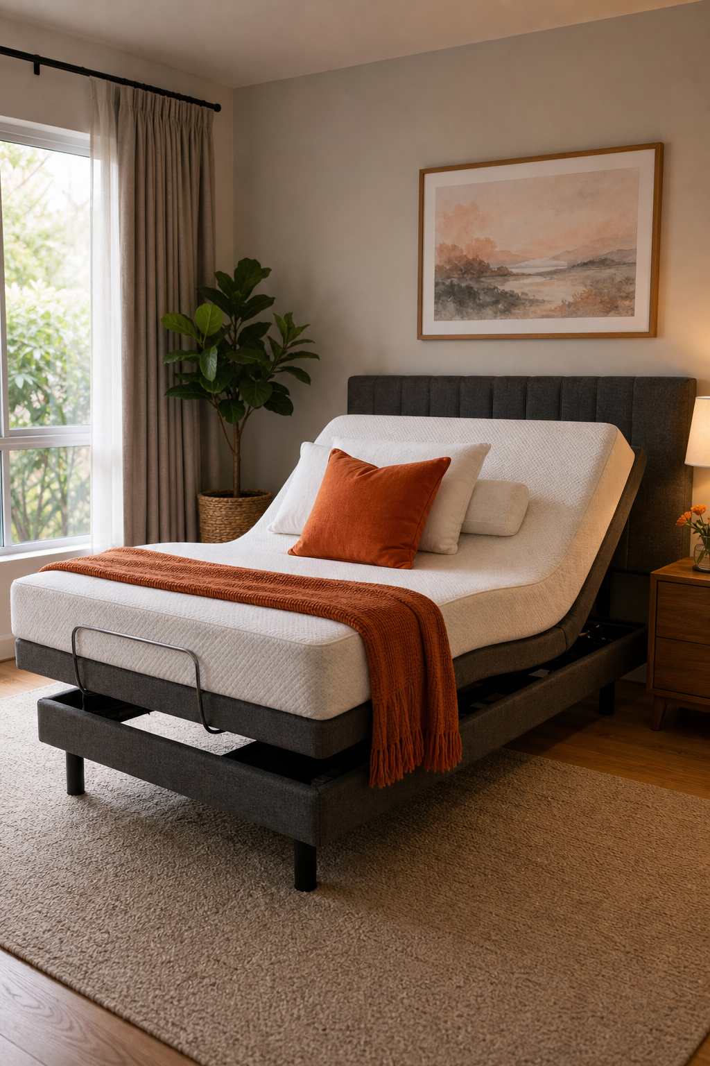A realistic photo of a cozy bedroom with an electric adjustable bed in an Australian home, featuring soft lighting and a calm atmosphere. Alt: Electric adjustable bed in a modern bedroom with financing options available.