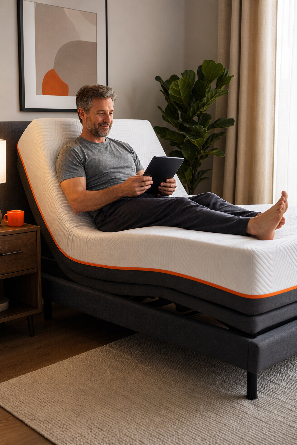 A realistic photo of a person relaxing on an adjustable bed while using a tablet, with a clean and modern bedroom setting. Alt: Man using tablet on an electric adjustable bed with flexible payment options.