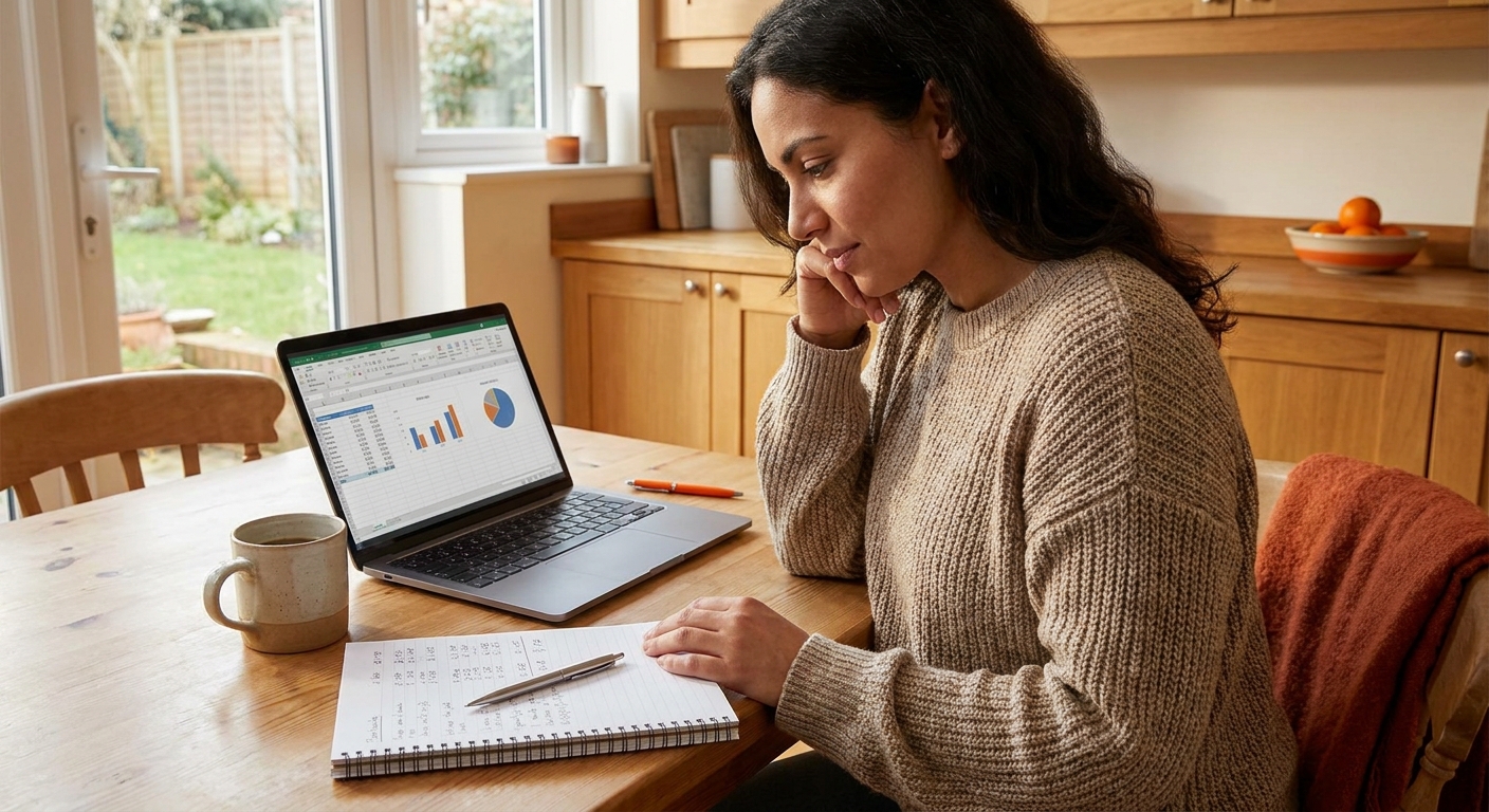 A photorealistic scene of a person sitting at a kitchen table with a notebook, pen, and laptop open, reviewing a personal budget with a warm home interior in the background. Alt: person planning budget for electric adjustable bed financing options.