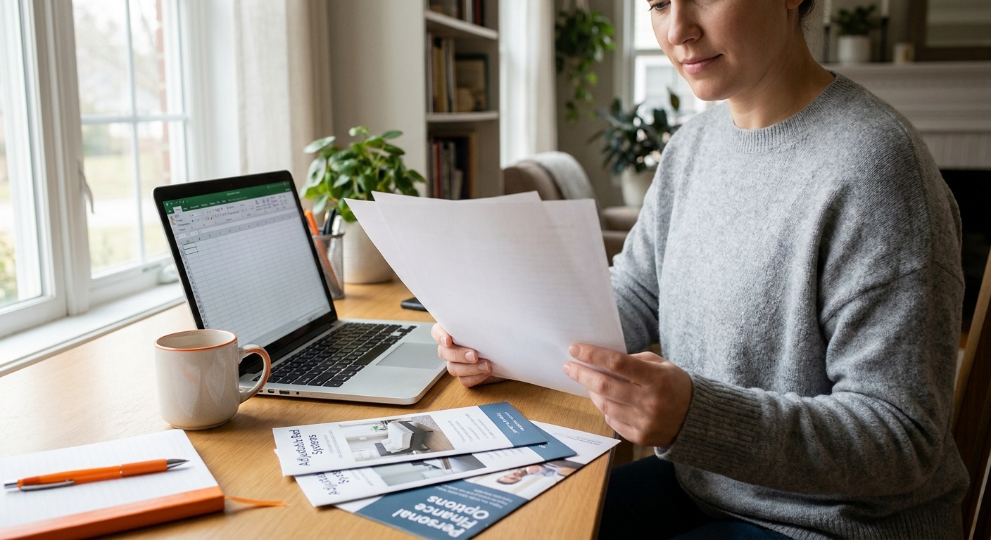 A realistic scene of a person at a desk reviewing loan documents with a laptop and coffee cup nearby, natural light coming through a window, suggesting a calm and considered financial decision. Alt: reviewing personal loan options for electric adjustable bed purchase.