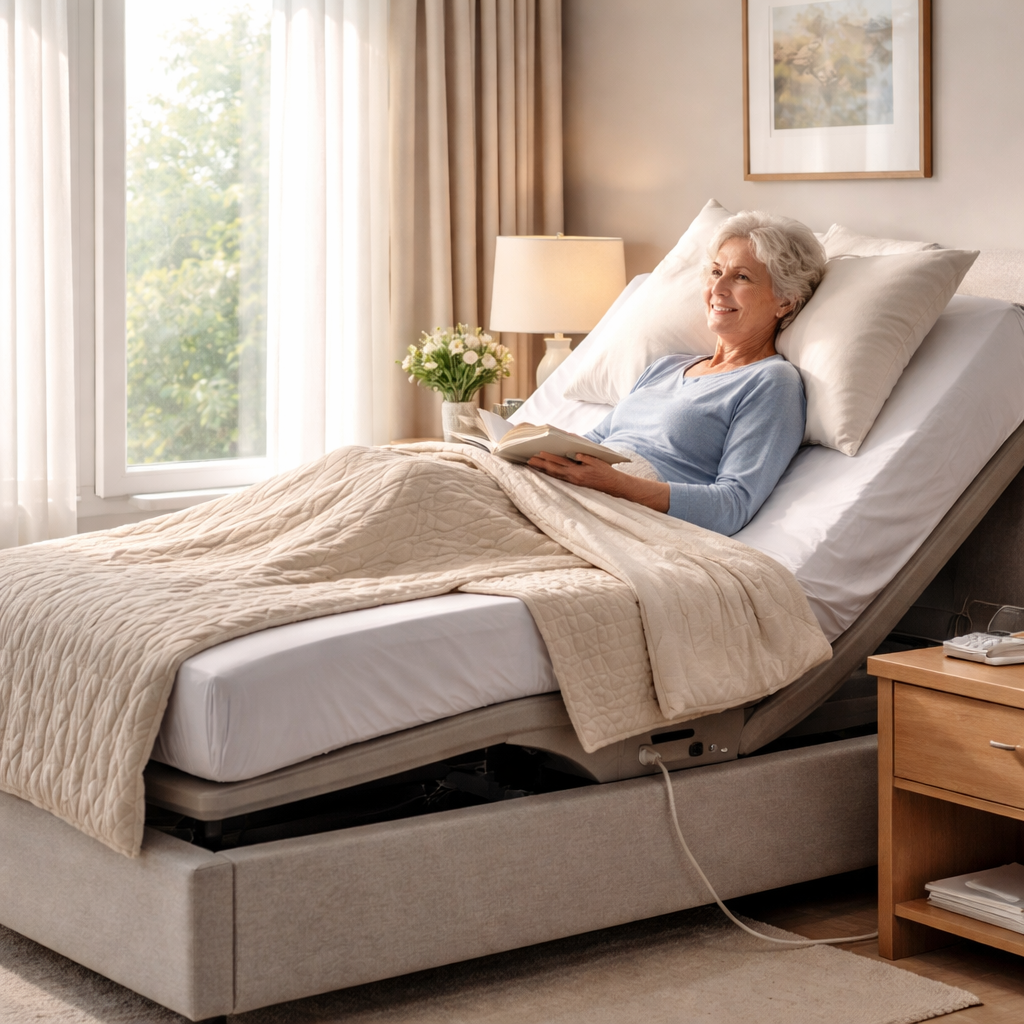 A photorealistic bedroom scene showing an electric adjustable bed angled at a gentle incline, soft morning light filtering through curtains, an elderly person comfortably propped up with a pillow, highlighting the ergonomic benefits for arthritis pain relief. Alt: Electric adjustable bed for arthritis pain Australia showing ergonomic incline.