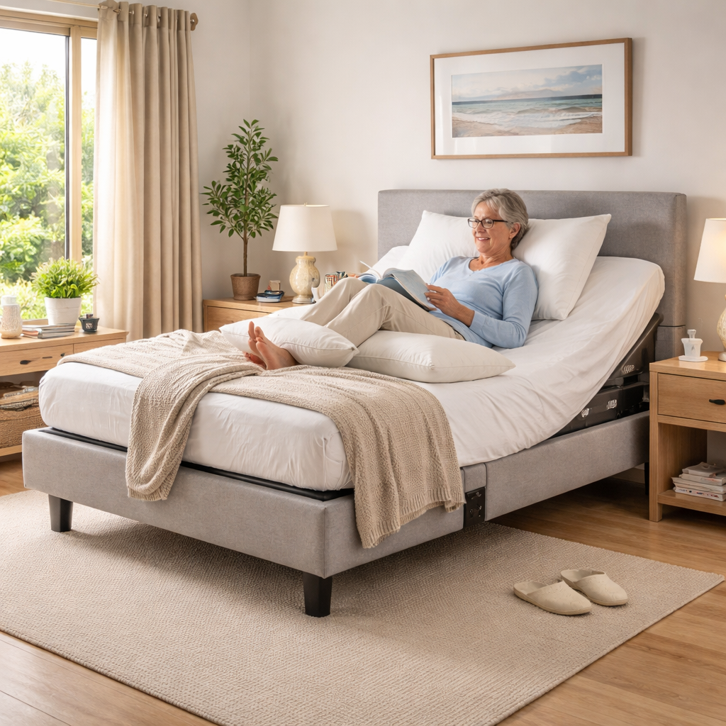 A photorealistic Australian bedroom scene showing a Sleep Sophie electric adjustable bed, head and foot raised slightly, an older adult relaxing with a knee pillow, soft daylight, and an accessible setup. Alt: electric adjustable bed for arthritis pain australia, Sleep Sophie base in a real Australian bedroom.