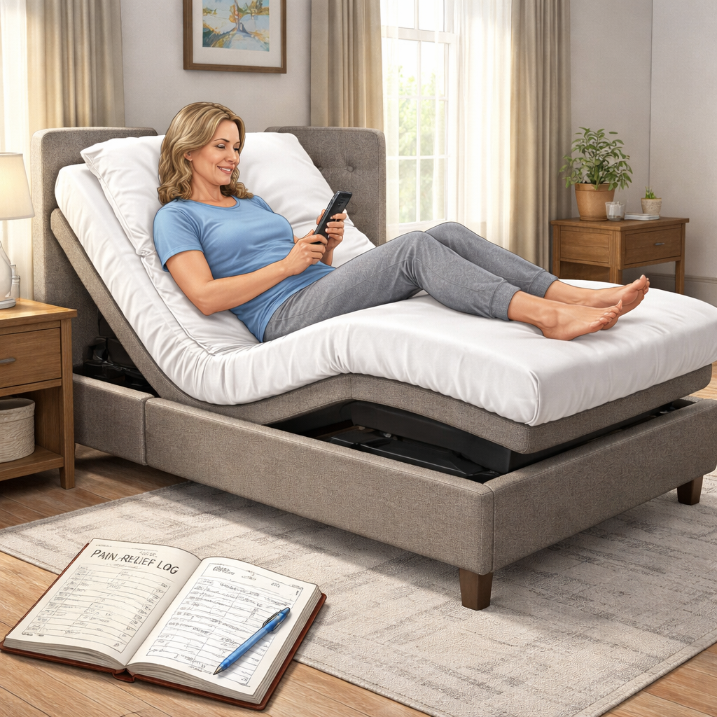 A realistic illustration of a person adjusting head and foot angles on an electric adjustable bed, showing a pain‑relief log beside the bed. Alt: evaluating comfort on electric adjustable bed