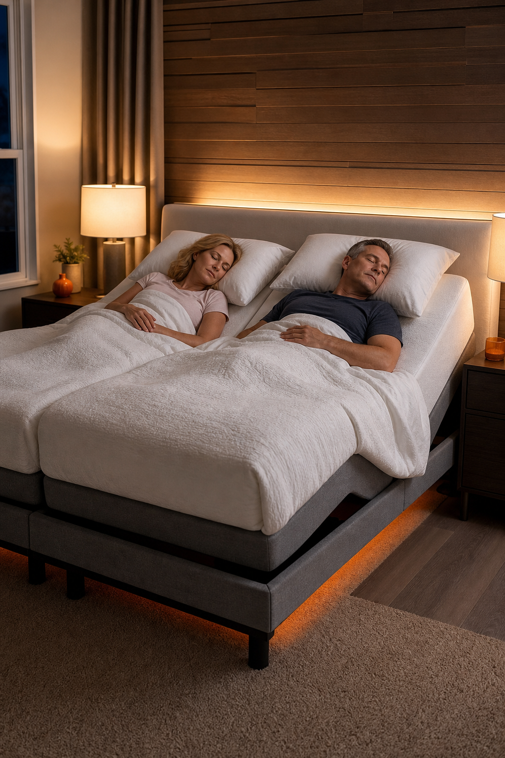 A realistic photo of a couple peacefully sleeping on a split king adjustable bed in a modern bedroom with soft lighting. Alt: Couple sleeping on split king electric adjustable bed