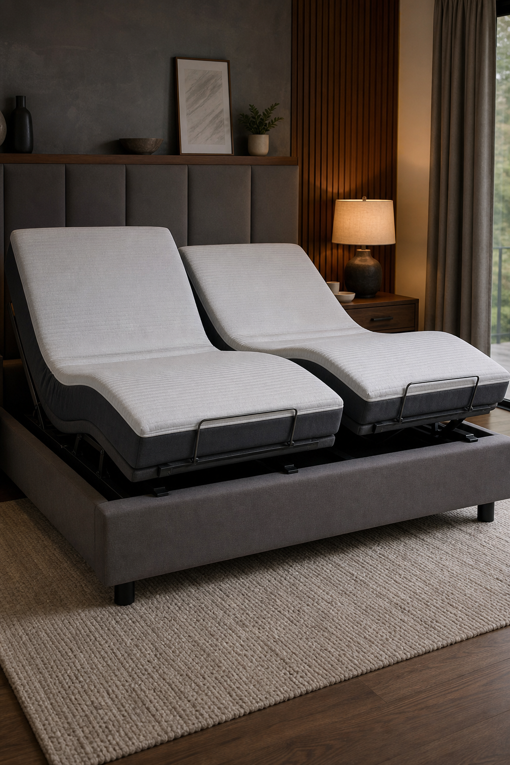A photorealistic close‑up of a split‑king bed showing two distinct head/foot elevation controls in a modern bedroom. Alt: Split‑king dual side comfort illustration