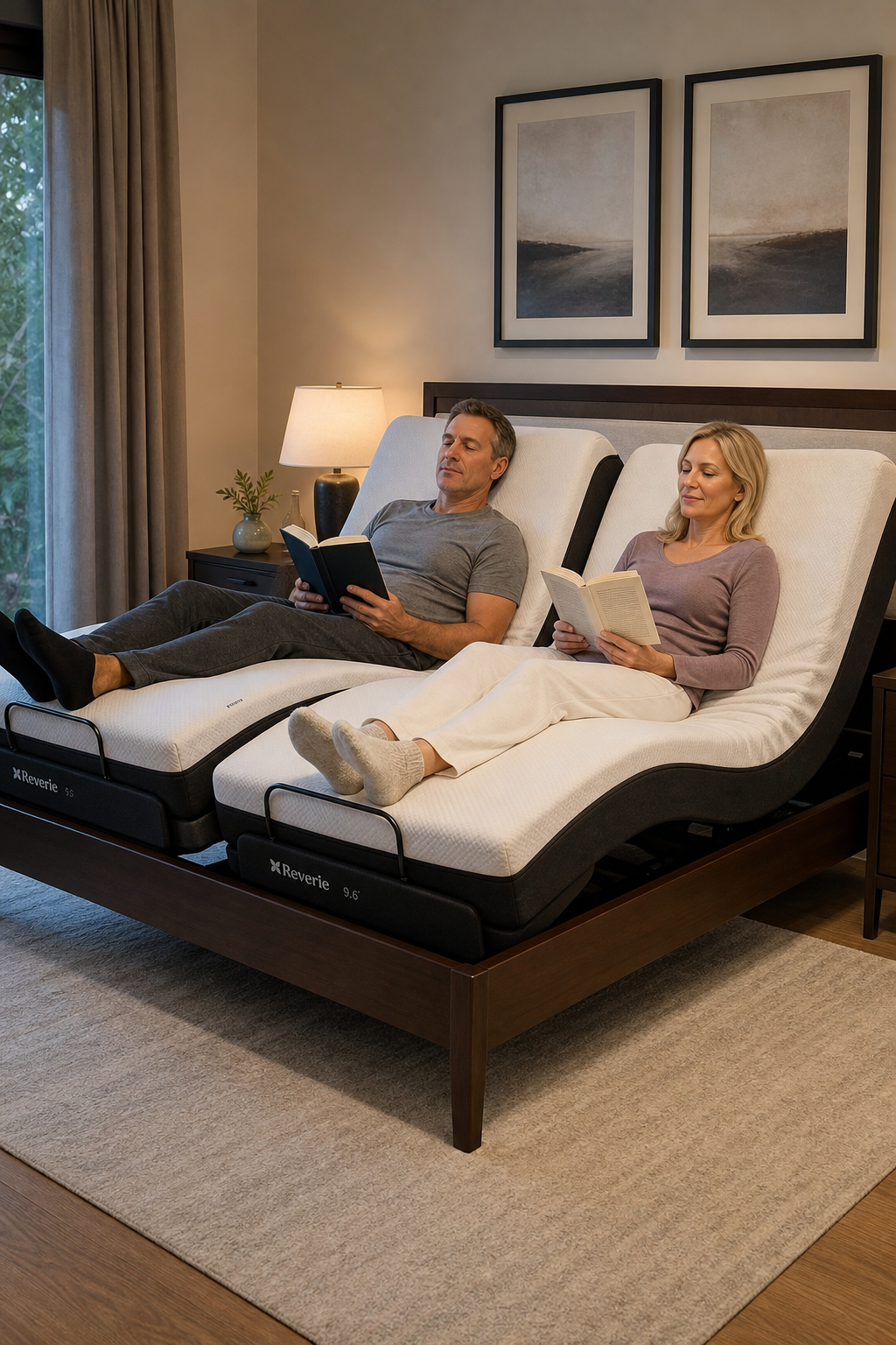 A realistic bedroom scene showing a Reverie 9.6 Dual‑Adjust base with two separate head/foot zones in action. Alt: Reverie dual‑adjust zero gravity setup
