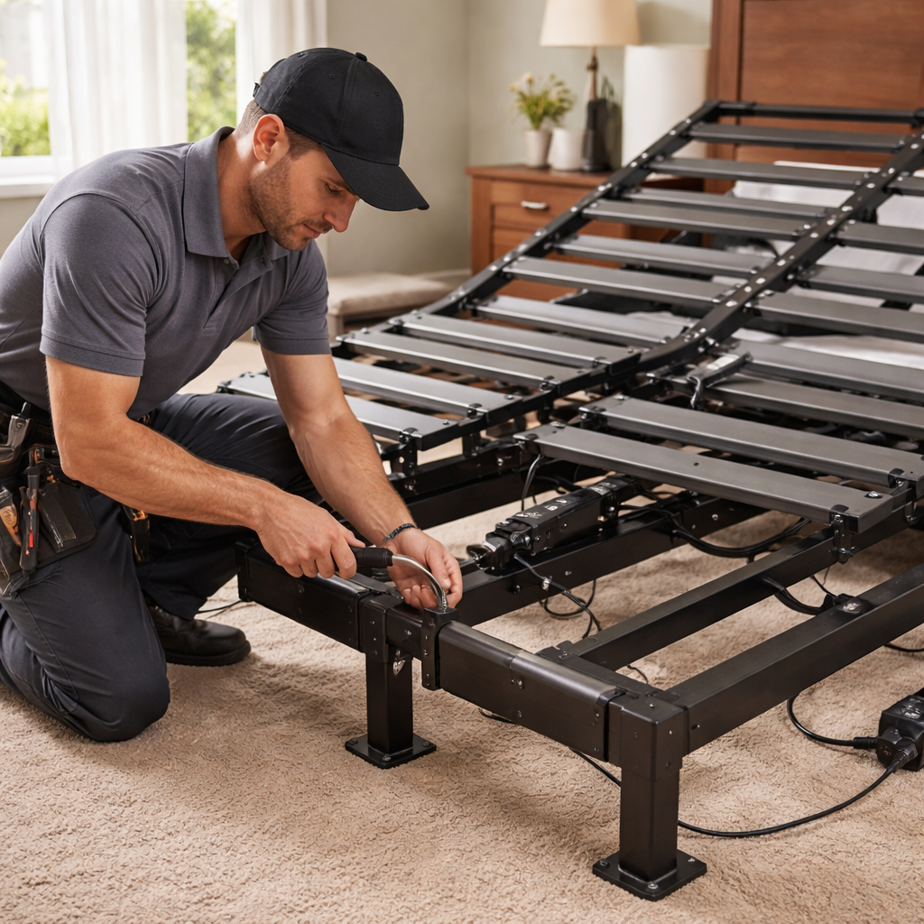 Realistic scene of a technician assembling a heavy‑duty electric adjustable bed, showing bolts and support bars. Alt: electric adjustable bed installation guide image