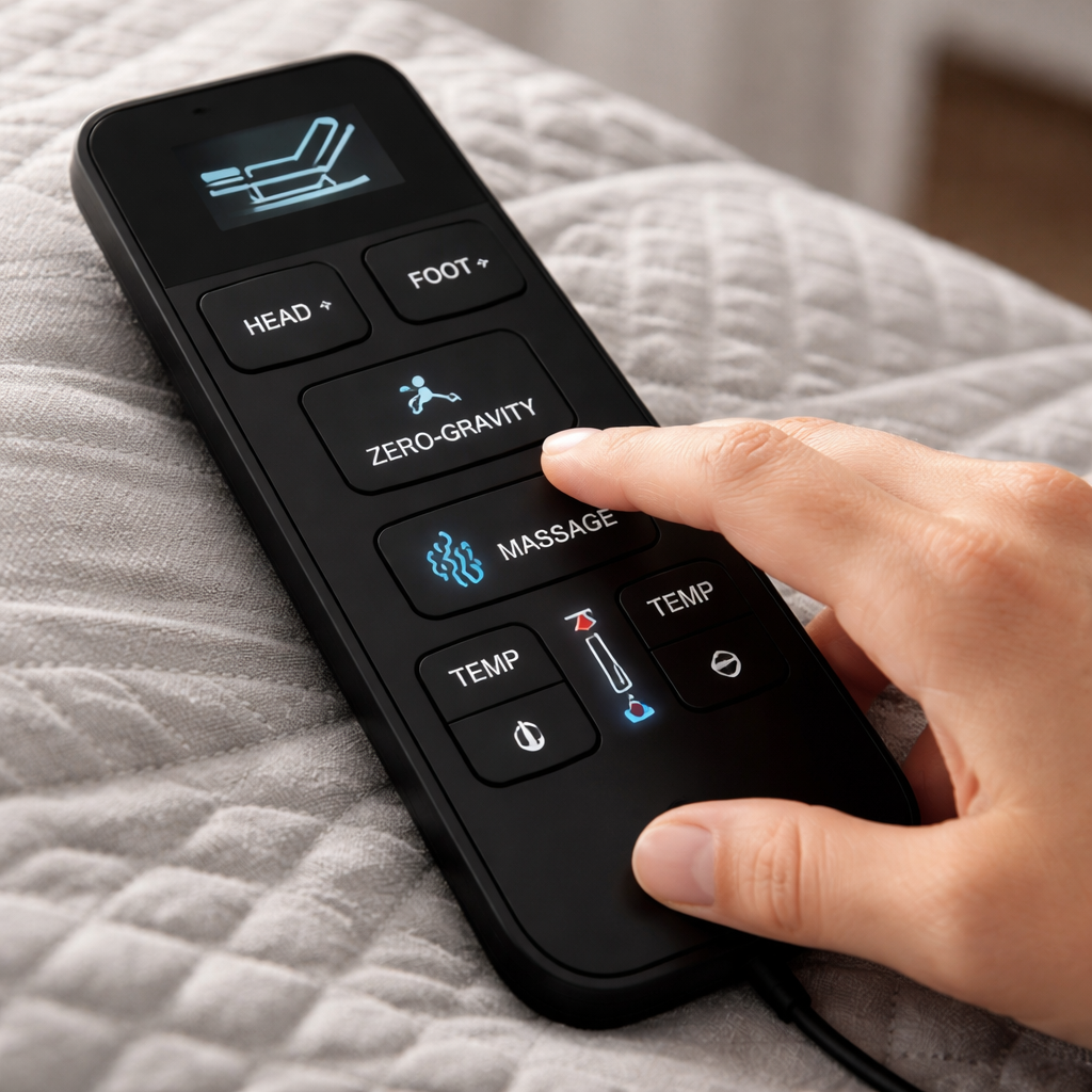 A realistic rendering of an electric adjustable bed control panel showing zero‑gravity, massage, and temperature buttons, with a hand reaching for the remote. Alt: electric adjustable bed features control panel