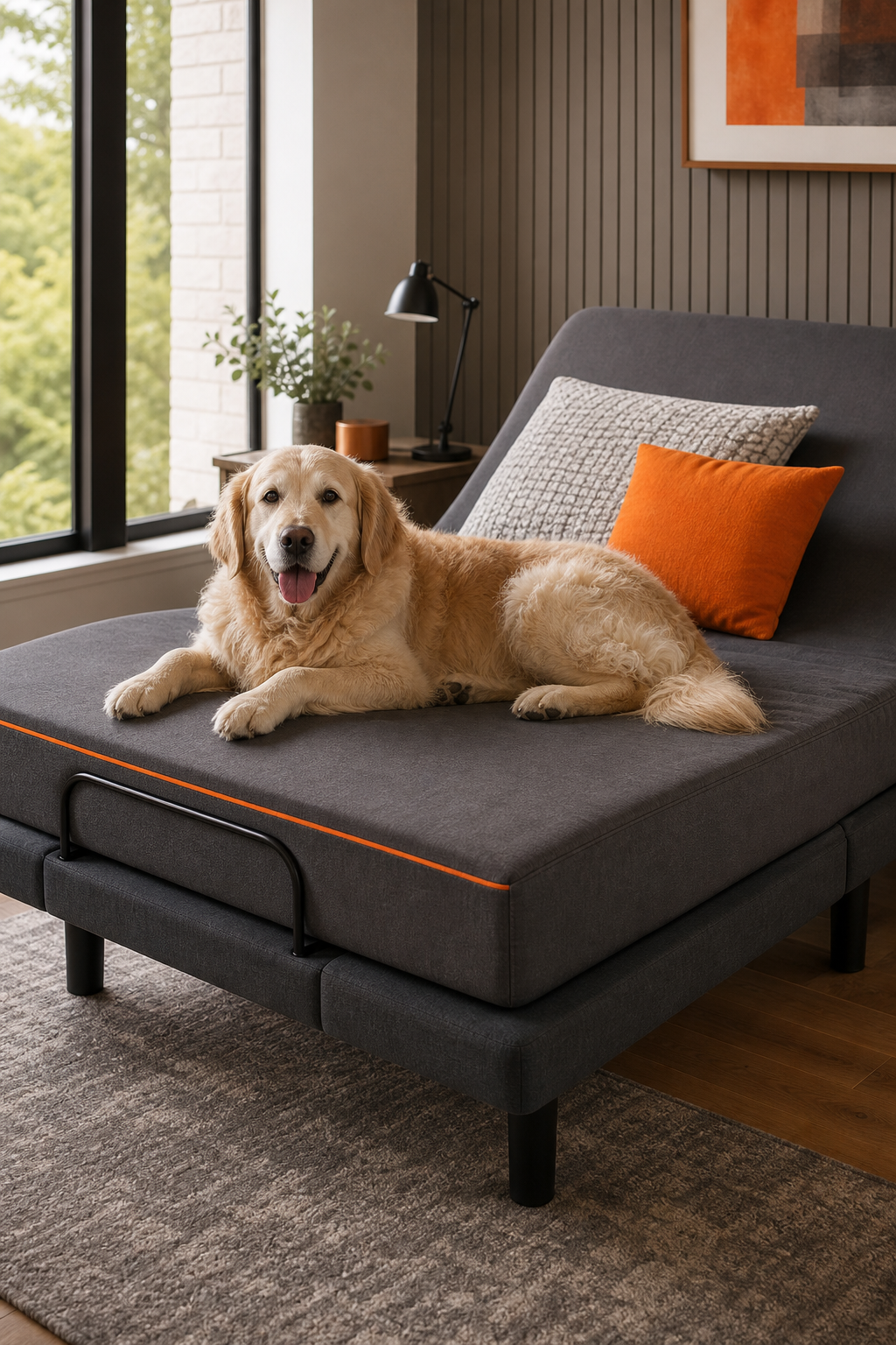 A photorealistic scene of a dog lying on an adjustable bed with a leather or microfiber surface, beside a window, natural light. Alt: Durable pet-friendly fabric on electric adjustable bed.