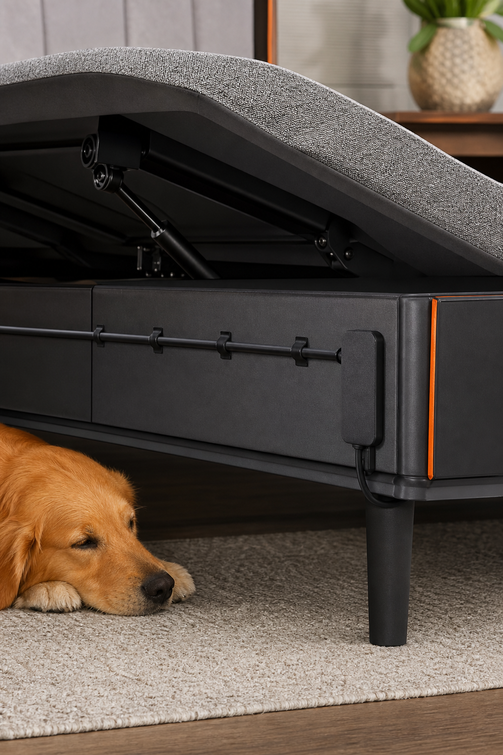 A close-up of an adjustable bed base showing a secured electrical cord and a pet-safe design with no gaps. Alt: Safe electric adjustable bed base with chew-proof cord protection.