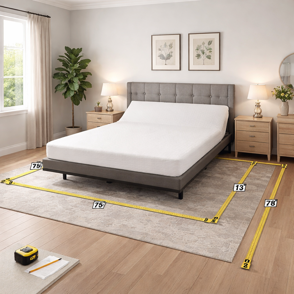 A realistic bedroom layout showing measurement tape, a king‑size mattress, and clear space around it. Alt: measuring room space for a plus‑size electric adjustable bed
