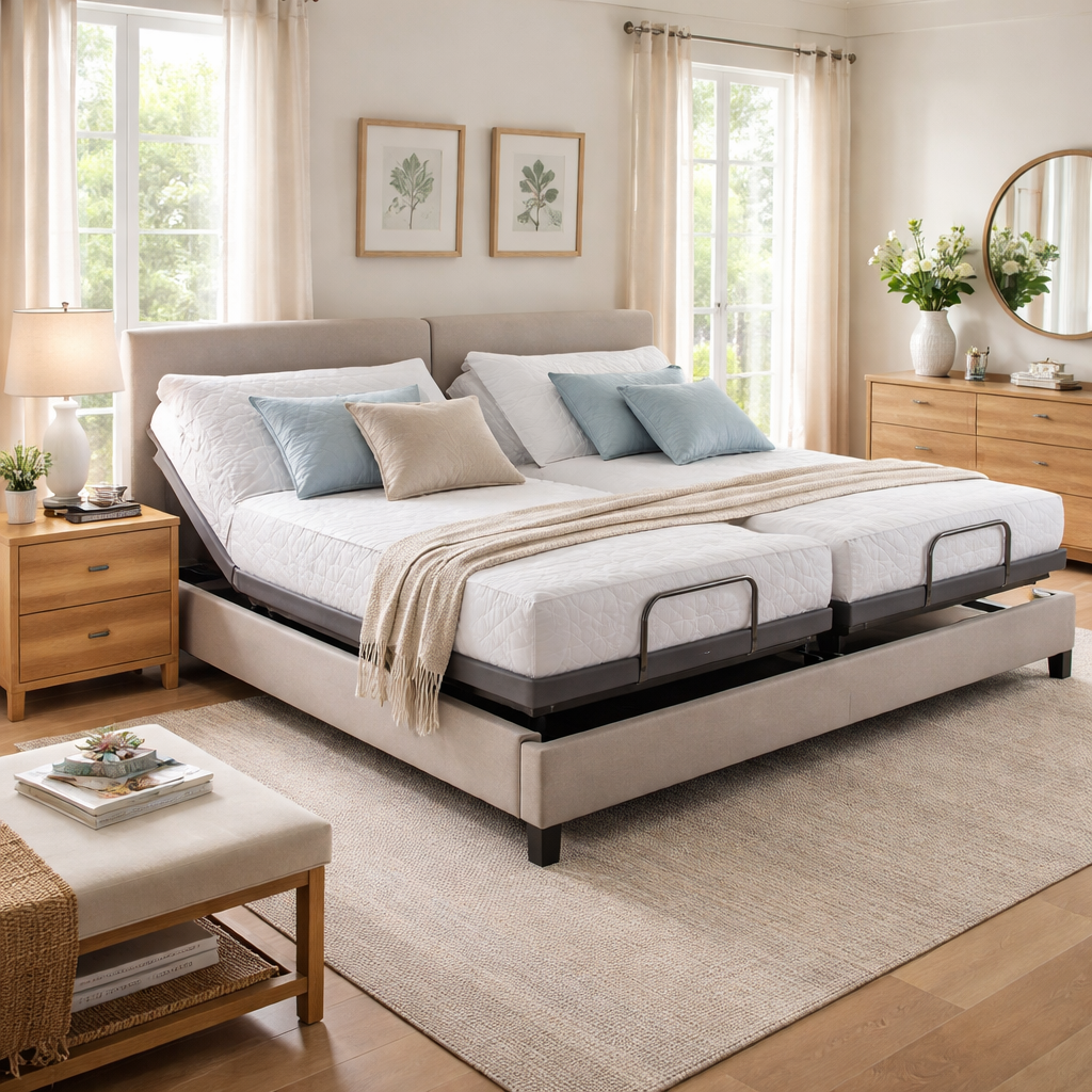 A realistic illustration of a spacious bedroom with a split‑king electric adjustable bed, showing four‑corner support bars and a remote control on the nightstand. Alt: Australian plus‑size electric adjustable bed layout