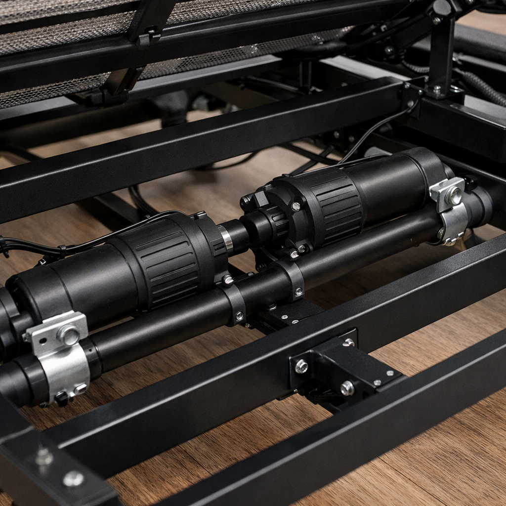 A realistic close‑up of a sturdy steel frame with hidden motor units, showing the dual‑motor layout and support bars. Alt: strong motor and frame for electric adjustable bed for plus size couples australia