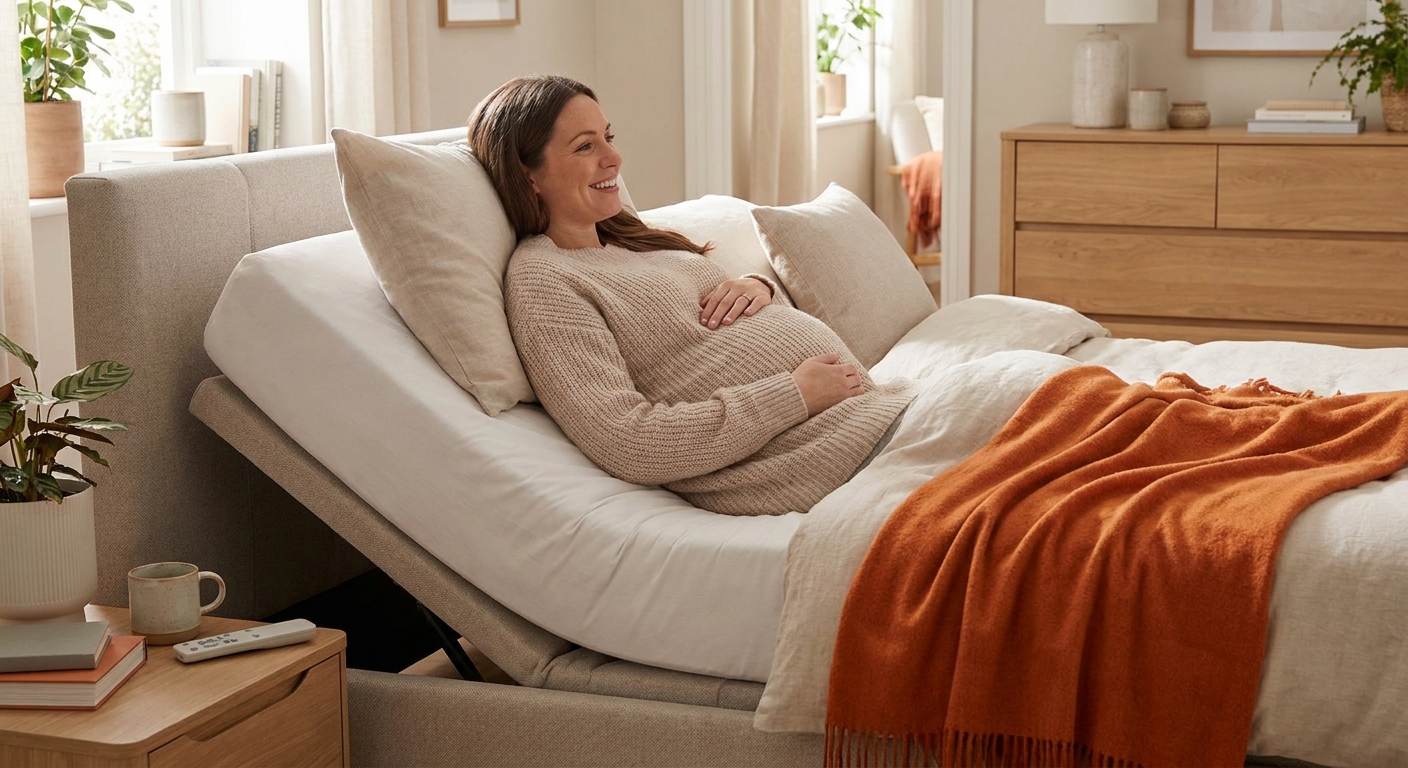 A pregnant woman resting comfortably in an electric adjustable bed with the head section improved, soft natural bedroom lighting, realistic interior photography style. Alt: electric adjustable bed for pregnancy support australia showing head elevation position.
