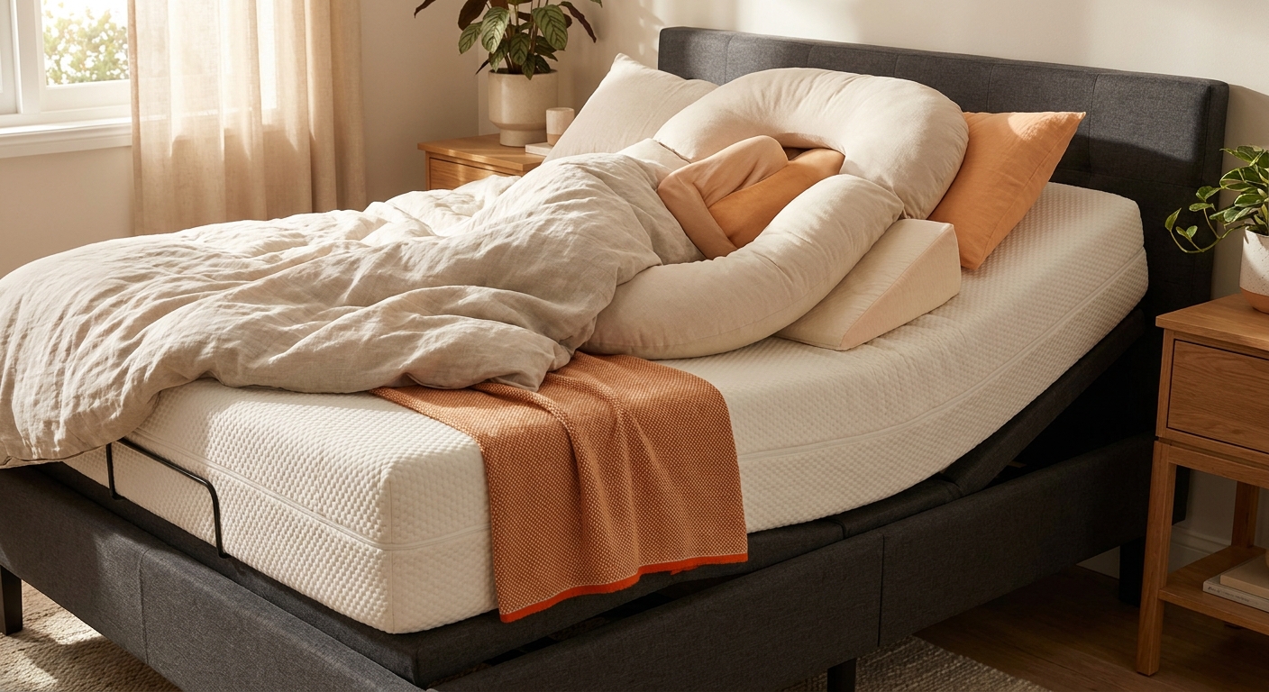 Close-up of a memory foam mattress on an electric adjustable bed base with supportive pregnancy pillows arranged for side-sleeping, warm natural bedroom lighting, realistic photography. Alt: adjustable bed mattress and pillow setup for pregnancy support australia.