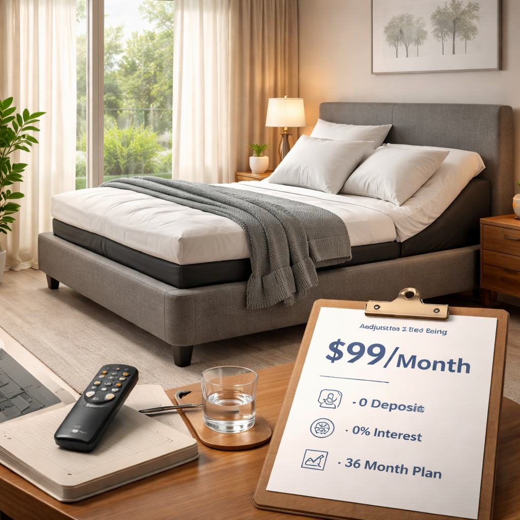 A photorealistic scene of a modern bedroom in an Australian home, showing a sleek electric adjustable bed with its remote control on a nightstand, soft natural light filtering through curtains, and a clipboard with a simple financing breakdown beside it. Alt: electric adjustable bed installment plan australia visual guide