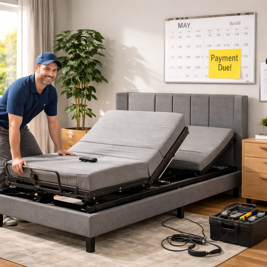A photorealistic scene of a friendly installer setting up an electric adjustable bed in a modern Australian bedroom, with a calendar on the wall showing a payment reminder. Alt: electric adjustable bed installment plan australia installation and payment management
