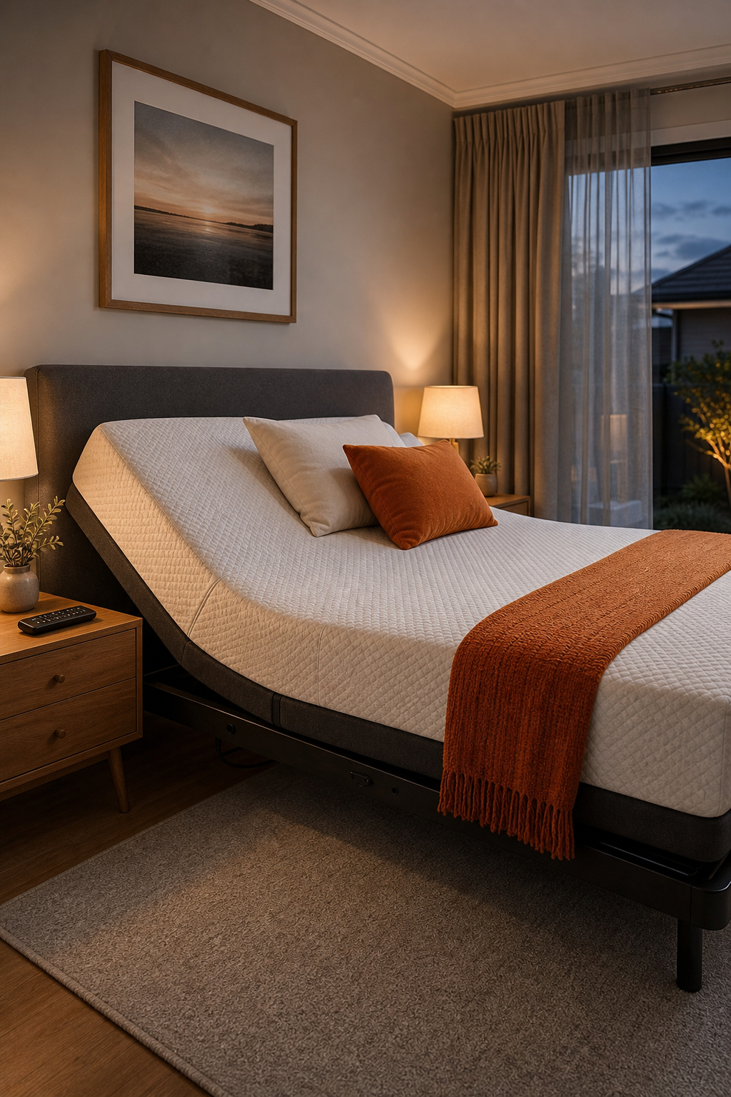 A realistic bedroom scene with a queen-size adjustable bed in a modern Australian home, head slightly raised, remote on bedside table, soft evening light. Alt: Queen-size electric adjustable bed in Australian bedroom with remote control.