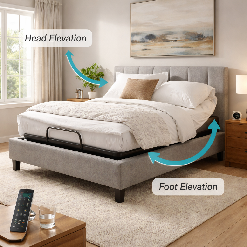 A realistic photo of a modern bedroom showing an electric adjustable bed with a remote control on the nightstand, highlighting head and foot elevation features. Alt: electric adjustable bed key features