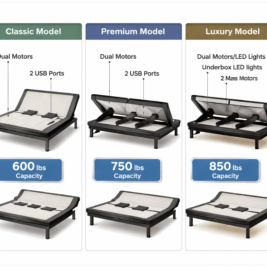 A realistic illustration of a side‑by‑side comparison of three electric adjustable bed models, each showing motor placement, USB ports, and weight capacity numbers. Alt: electric adjustable bed model comparison