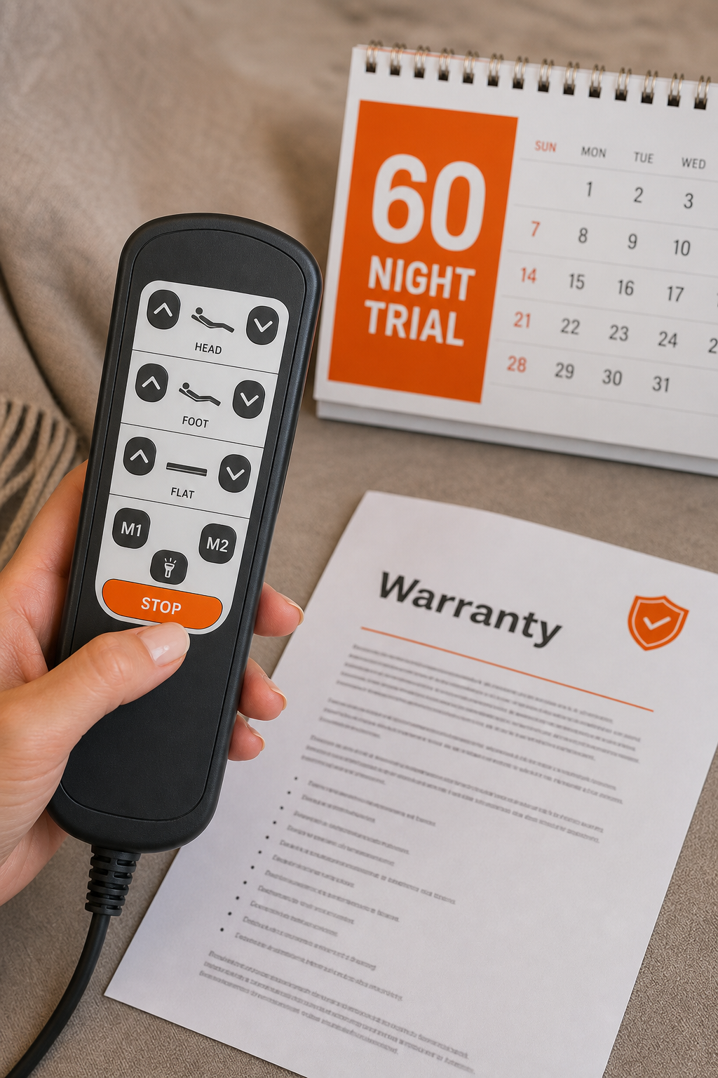 A close-up of an adjustable bed remote in hand, with a calendar showing a 60-night trial label and a document with 'Warranty' visible in the background. Alt: Warranty and trial period details for electric adjustable beds in Australia