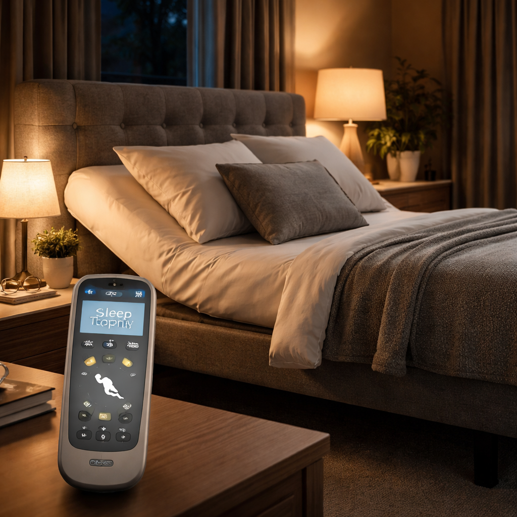 A photorealistic Australian bedroom at night, showing a sleep‑Sophie electric adjustable bed with a hand‑held remote on a bedside table, soft ambient lighting, and the remote displaying a preset label “Therapy”. The scene captures the gentle head‑up angle and a subtle massage vibration icon, highlighting advanced comfort features for seniors and NDIS users.