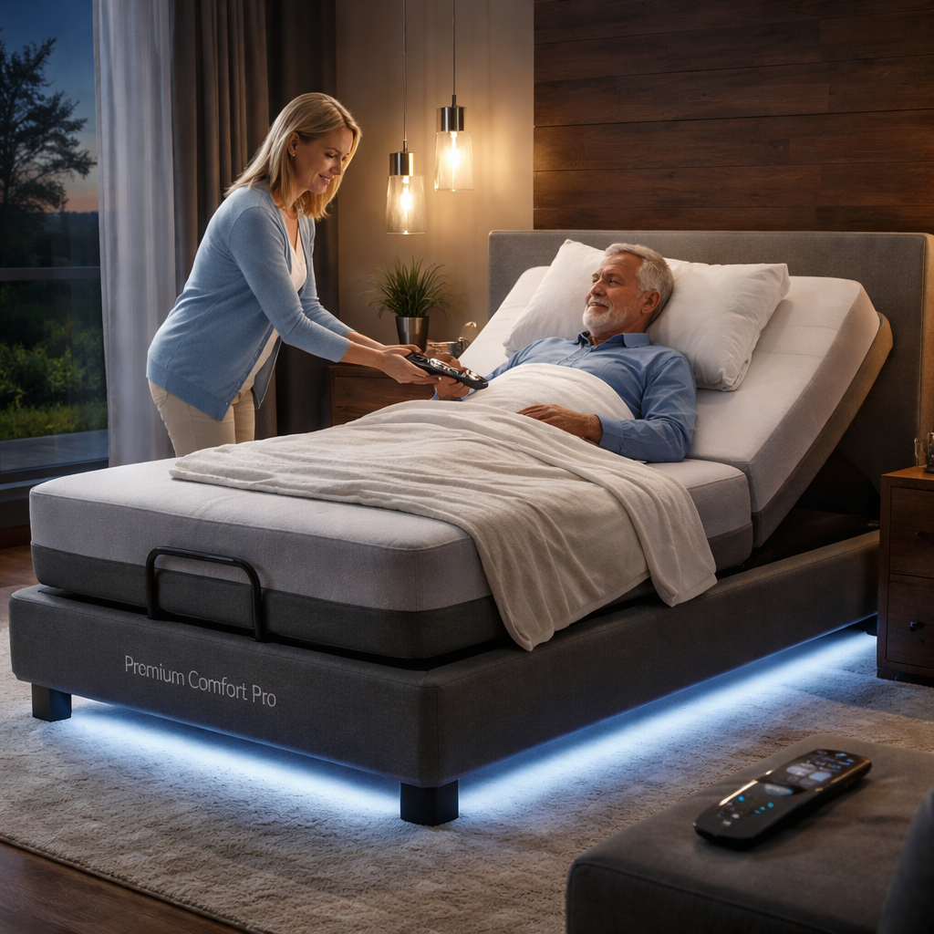 A photorealistic scene of a modern bedroom featuring the Premium Comfort Pro adjustable bed with its remote, LED under‑bed lighting glowing softly, a caregiver gently adjusting the head position for an elderly patient, and a sleek mattress visible. Alt: Premium Comfort Pro adjustable bed review showing comfort and therapeutic features.