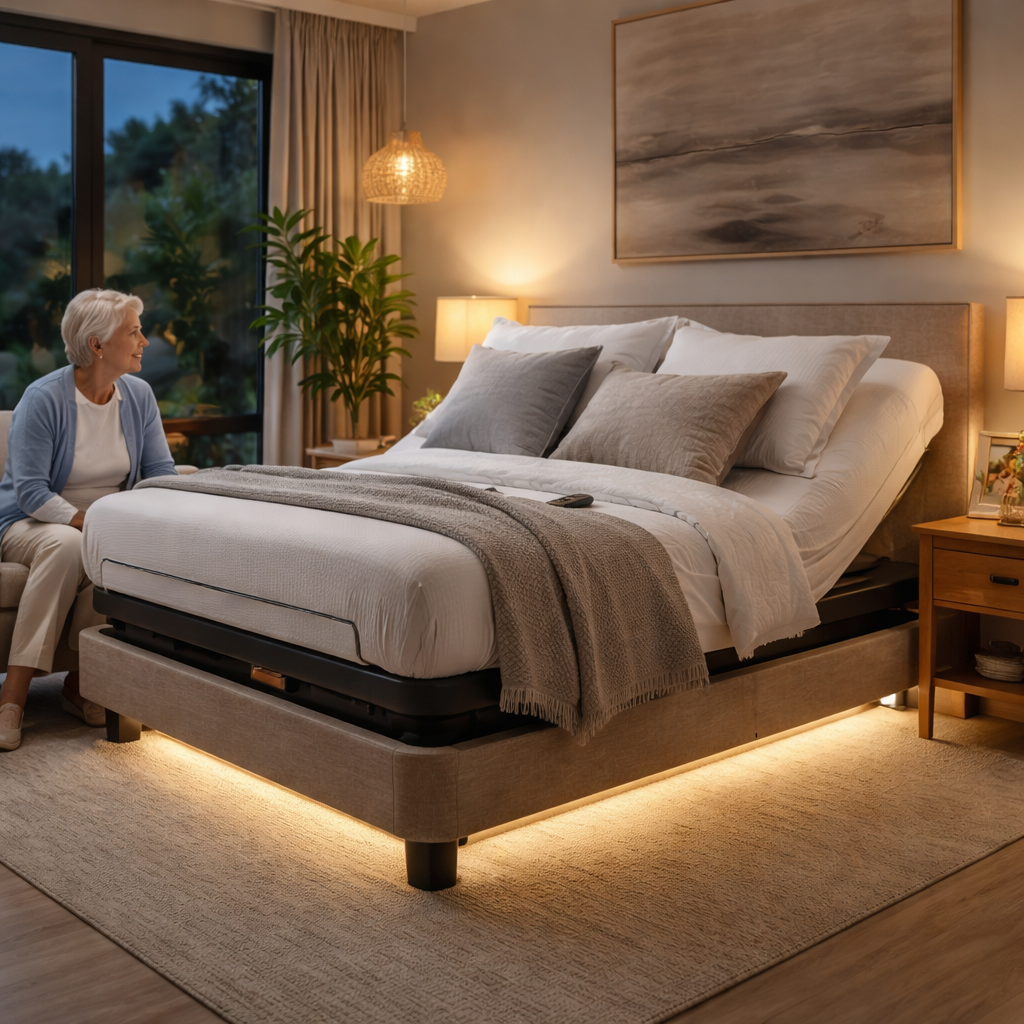 A photorealistic scene of a Sleep Sophie FlexiSleep 3-Zone adjustable bed in a modern Australian bedroom, head and foot lifts engaged and a soft under-bed glow. An elderly caregiver sits nearby, ready to help a loved one get comfortable. Alt: FlexiSleep 3-Zone adjustable bed in a cozy bedroom.