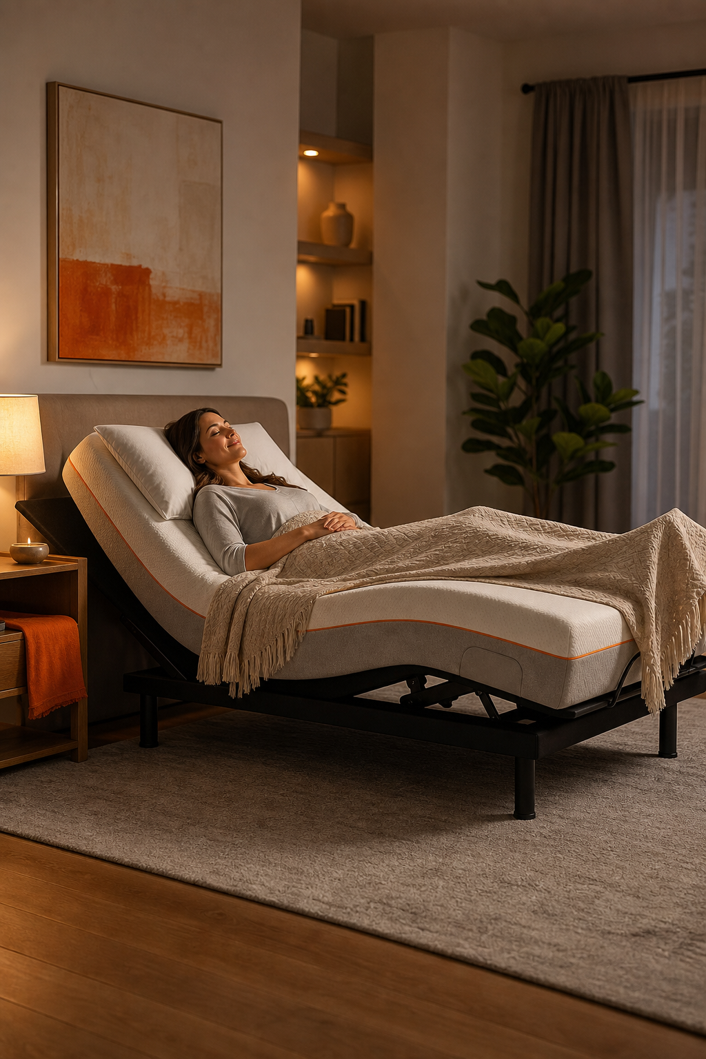 A person relaxing in bed with the head and foot improved, showing the zero gravity position. The room is softly lit with a modern bedroom interior. Alt: Person enjoying zero gravity position on an adjustable bed for pain relief.