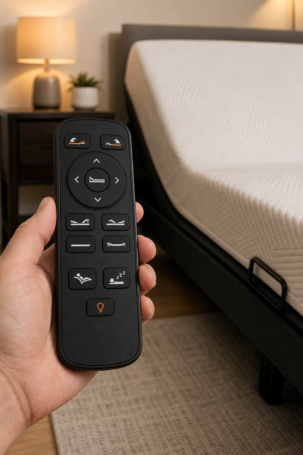 A close-up of a Sleep Sophie adjustable bed remote control showing preset buttons like zero gravity and anti-snore. The bed is visible in the background with a comfortable mattress. Alt: Sleep Sophie adjustable bed remote control with preset positions for easy adjustment.