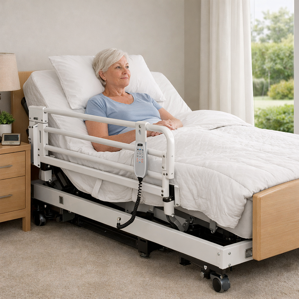 A photorealistic image related to electric-adjustable-bed-side-rail-safety-australia. Alt: electric-adjustable-bed-side-rail-safety-australia