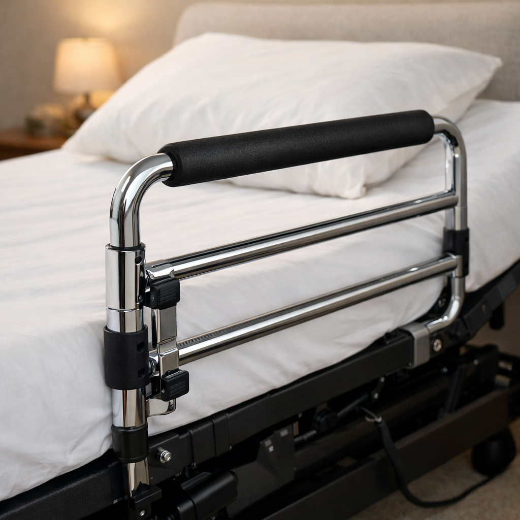 A realistic photo of a sturdy side rail installed on an electric adjustable bed, showing clean steel surface and padded handle, with soft lighting. Alt: electric adjustable bed side rail safety maintenance